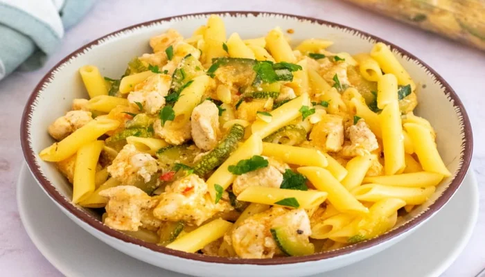 Receta de pasta al horno con maíz, calabacín, tomates y pollo